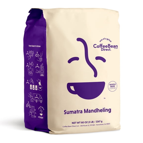 Coffee Bean Direct Sumatra Mandheling, Whole Bean Coffee, Arabica, Light Roast, 5 lb Bag