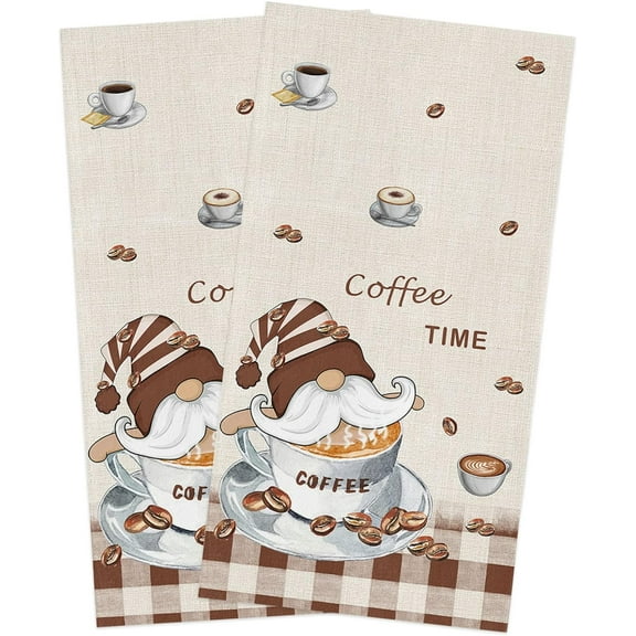 Coffee Bean Dwarf Kitchen Towels Dish Towel,Retro Linen Absorbent Hand Towels Cleaning Dishcloth Tea Towels,Buffalo Plaid Reusable Drying Dish Cloths Set of 2