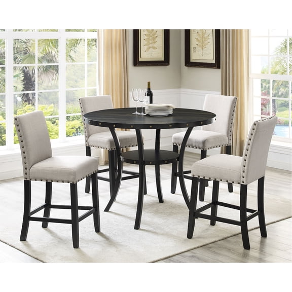 Coffee Bean Finish Table Top / Tan Fabric Nailhead Stools for Trendy Look
