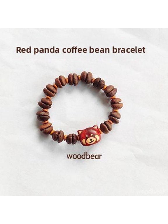 Coffee Bean Red Panda Bracelet, hand-carved and inlaid with natural wood color, cute red panda bracelet, popular Bohemian style symbolizing good fortune and blessings