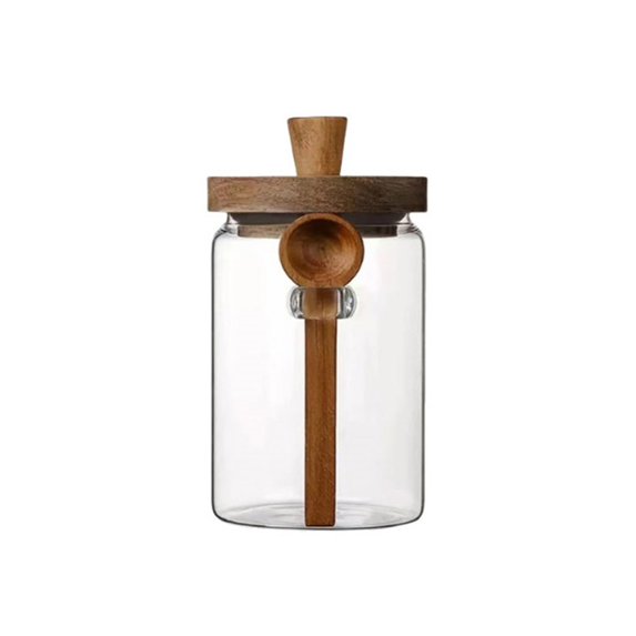 Coffee Bean Storage,Glass Coffee Container with Wooden Lid Spoon,Clear Airtight Jar Food Storage Canister Set for Sugar Spice Coffee Bean Holder Housewarming Gift(5.9 x 3.5 inches/25 oz)