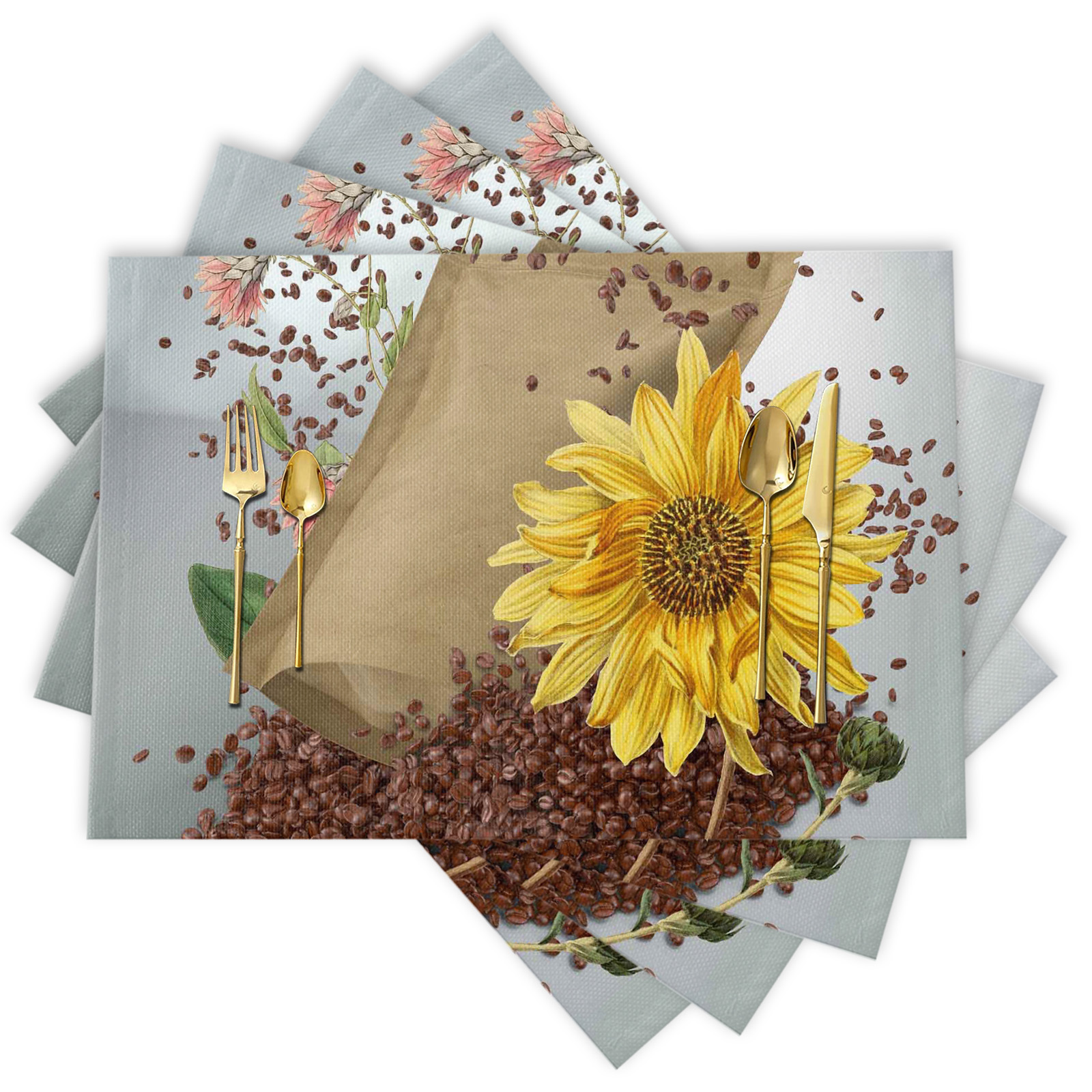 Coffee Bean Sunflower Placemats Set of 4 Durable Placemats for Dining Table Placemat Washable