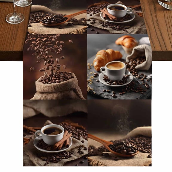 Coffee Beans 36 Inch Table Runner, Brown Hot Cafe Latte Cup Drink Country Farmhouse Dresser Scarf Cotton & Linen Tablerunner for Dining/Kitchen Island/Holiday Party Décor Small 13" x 36"