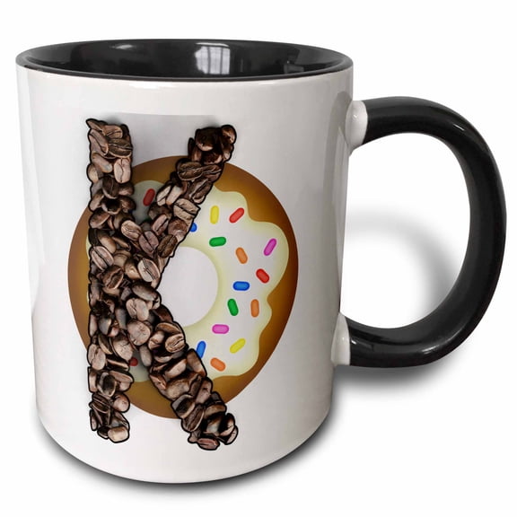 3drose, Coffee Beans and Donut Monogram Initial K, 11oz Two-tone Black Mug