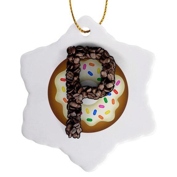 3drose, Coffee Beans and Donut Monogram Initial P, 3 inch Snowflake Porcelain Ornament