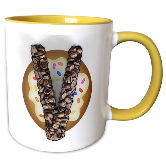 3drose, Coffee Beans and Donut Monogram Initial V, 11oz Two-tone Yellow Mug