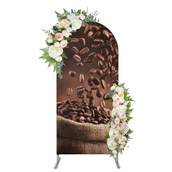 Coffee Beans Arch Backdrop Cover 5FT, Dark Brown Falling Cafe Bean Sacks Modern Spandex Fitted Stretchy Arch Stand Covers, Round Top Chiara Backdrop Cover for Wedding Party Birthday Baby Shower