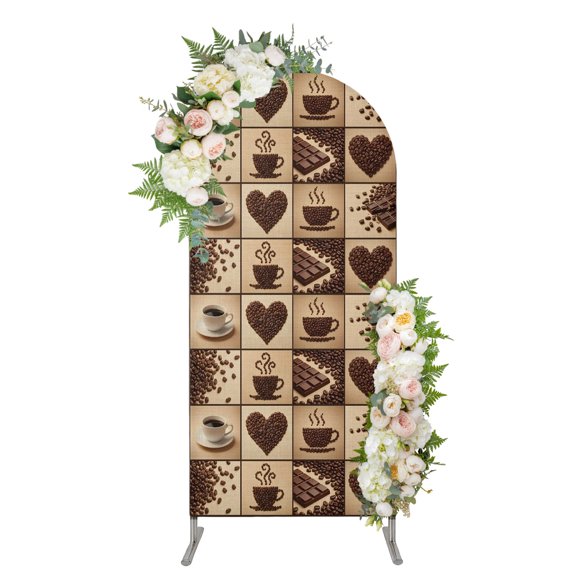 Coffee Beans Arch Backdrop Cover 5FT, Dark Brown Love Heat Coffee Chocolate Plaid Spandex Fitted Stretchy Arch Stand Covers, Round Top Chiara Backdrop Cover for Wedding Party Birthday Baby Shower