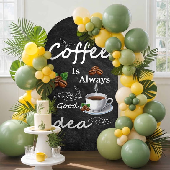 Coffee Beans Arch Backdrop Cover, 6FT, Coffee Cup Letterings Art Print Spandex Arch Covers Double-Sided Backdrop for Wedding Birthday Party Photo Background Decoration
