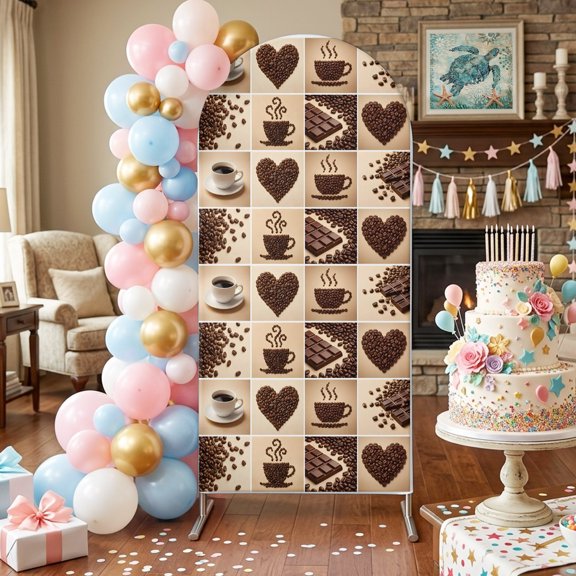 Coffee Beans Arch Backdrop Covers 4 FT, Country Heart Coffee Bean Chocolate Patchwork Brown Stretchy Fitted Arched Stand Covers Party Arch Stand Cover Photo Booth for Wedding Birthday Decor