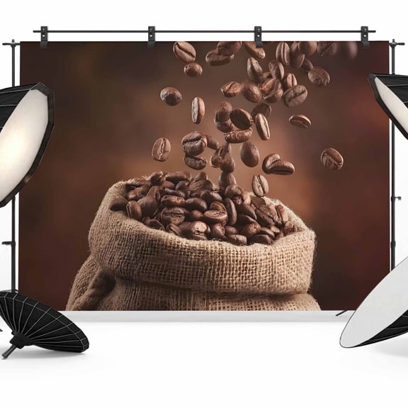 Coffee Beans Backdrop for Photography,Fabric Photo Background Backdrop,Dark Brown Falling Cafe Bean Sacks Modern Photo Booth Background for Portrait Photoshoot Video Wedding Studio Decor Banner 7x5ft