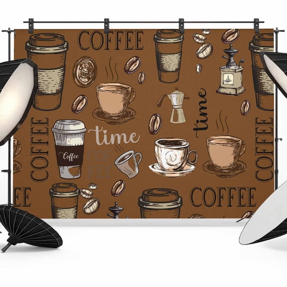 Coffee Beans Backdrop for Photography, Vintage Abstract White Brown Coffee Cups Brown Photo Backdrop Portrait Background Party Banner Photo Backgrounds for Studio Booth Props, 7x5ft