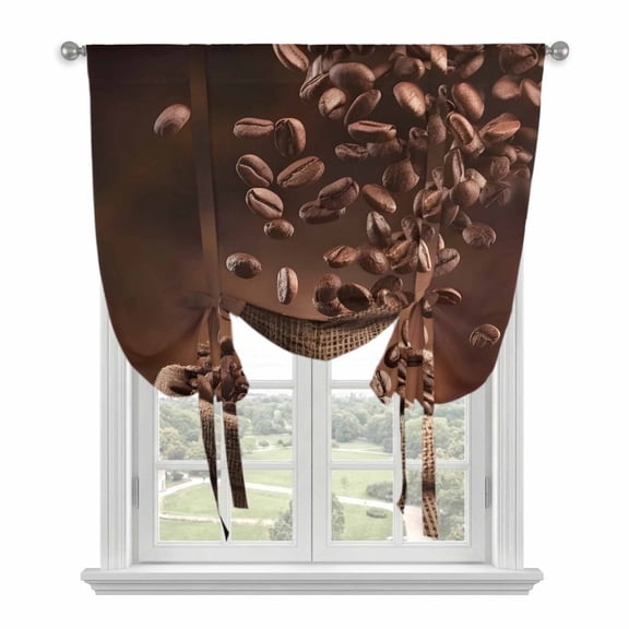 Coffee Beans Balloon Curtains 63 Inch Length for Living Room/Bedroom, Dark Brown Falling Cafe Bean Sacks Modern Rod Pocket Privacy Door Curtains Decorative Tie Up Shade for Window 52"x63"