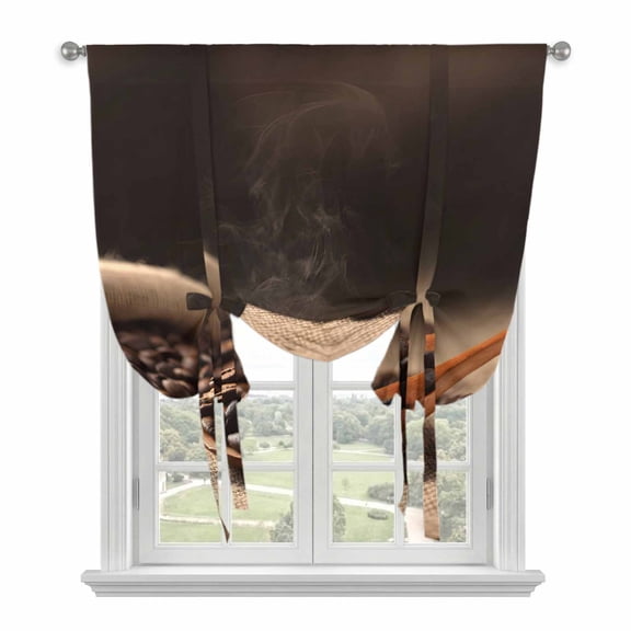 Coffee Beans Balloon Curtains 63 Inch Length for Living Room/Bedroom, Vintage Wooden Spoon Dark Brown Cafe Bean Rod Pocket Privacy Door Curtains Decorative Tie Up Shade for Window 52"x63"