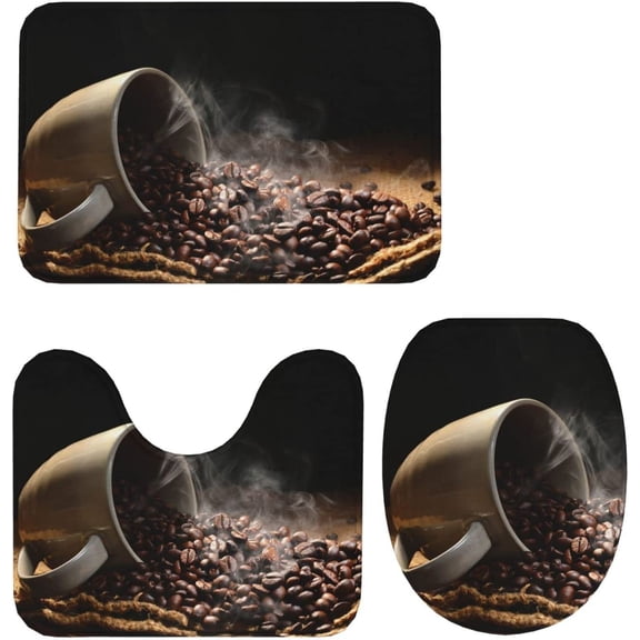 Coffee Beans Bathroom Rug Set of 3 with U-Shaped Mat Non-Slip Super Soft Absorbent Bath Rug Machine Washable Plush Bath Mat f