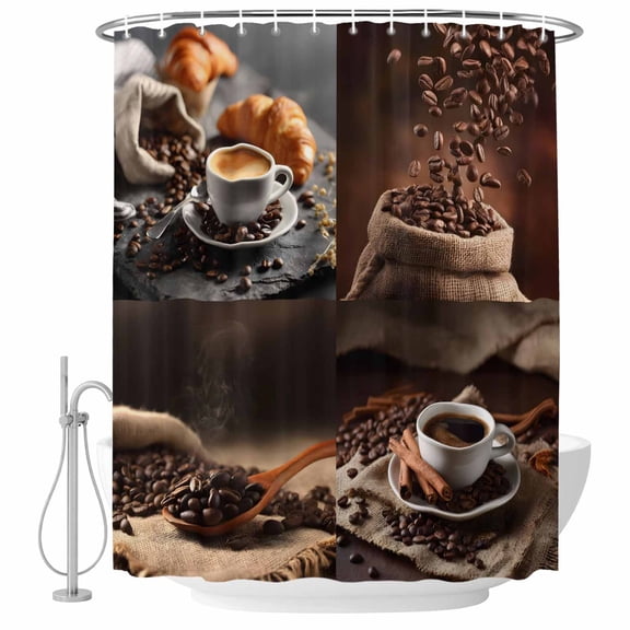 Coffee Beans Bathroom Shower Curtains with Hooks, Vintage Country Hot Coffee Bread Waterproof Fabric Washable Shower Curtain for Home Hotel Bathtub Decor 54x78 Inch