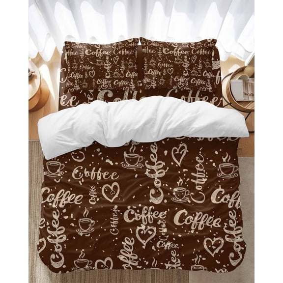 Coffee Beans Bedding Duvet Cover Set Queen Size 4 Pieces Love Heart Vintage Brown Soft Twill Plush Quilt Cover, Include 1 Duvet Cover 1 Flat Sheet And 2 Pillow