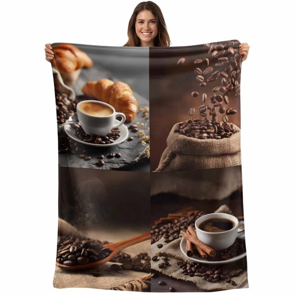 Coffee Beans Blanket Soft Cozy Warm Throw Blanket for Couch, Plush Fuzzy Flannel Fleece Blankets for Sofa, Brown Hot Cafe Latte Cup Drink Country Bed Blankets Lightweight Gifts for Women, 50"x60"