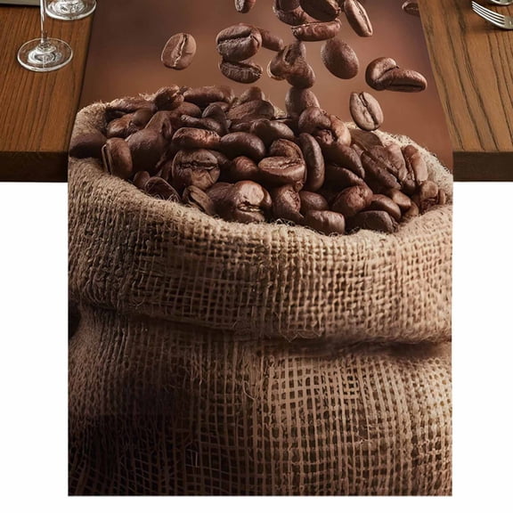 Coffee Beans Burlap Cotton Table Runner 13x48 Inches Long, Dark Brown Falling Cafe Bean Sacks Modern Farmhouse Table Runners, Outdoor Dining Tablecloths Decor for Baby Shower/Party/Wedding