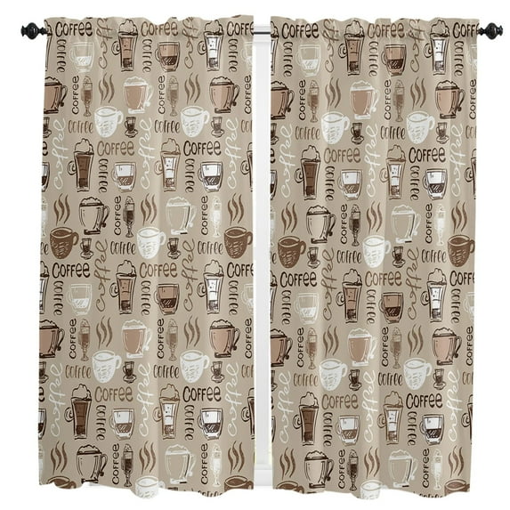 Coffee Beans Coffee Cups Small Curtain Rod Pocket Short Curtains Half Drapes Partition Cabinet Door Window Curtains Home Decor