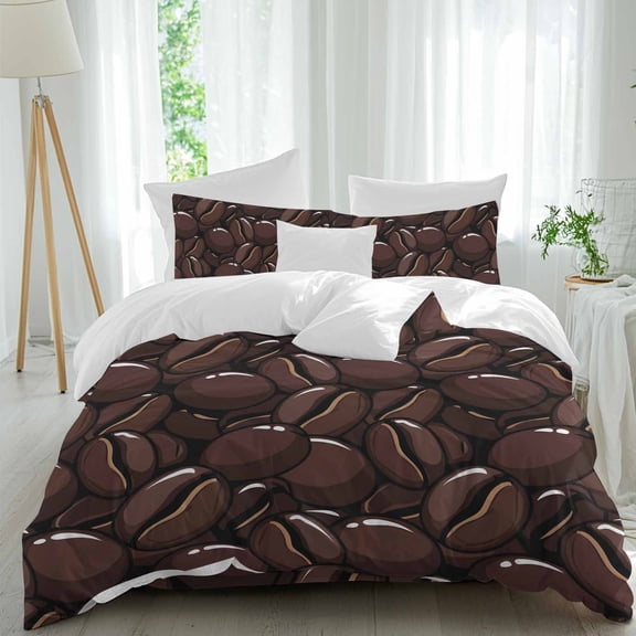 Coffee Beans Comforter Set Queen Size, Country Dark Brown Coffee Bean Pattern Soft Bedding Set for Man Woman, 4 Pieces Duvet Cover Set with Fitted Sheet, 2 Pillowcases