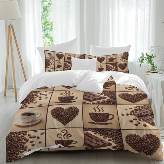 Coffee Beans Comforter Set Twin Size, Country Heart Coffee Bean Chocolate Patchwork Soft Bedding Set for Man Woman, 4 Pieces Duvet Cover Set with Fitted Sheet, 2 Pillowcases