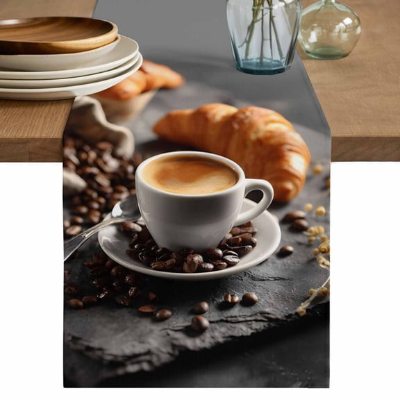 Coffee Beans Cotton Linen Table Runner for Dining Kitchen, Hot Latte Cup Bread Rustic Cafe Time Wedding Outdoor Party Tablerunners Decoration, Dresser Scarf Coffee Tablecloth Runners 13x36 Inches