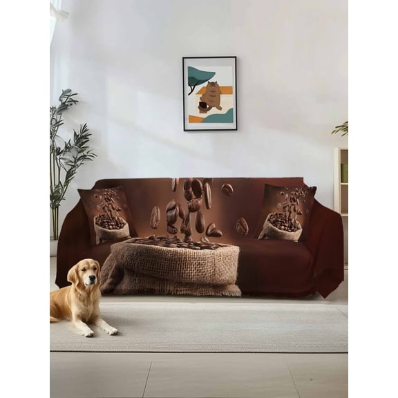 Coffee Beans Couch Cover, Dark Brown Falling Cafe Bean Sacks Modern Sofa Cover Blanket for 1 Seat Cushion, Sectional Sofa Slipcover Furniture Protector for Living Room Bedroom 71''x91''