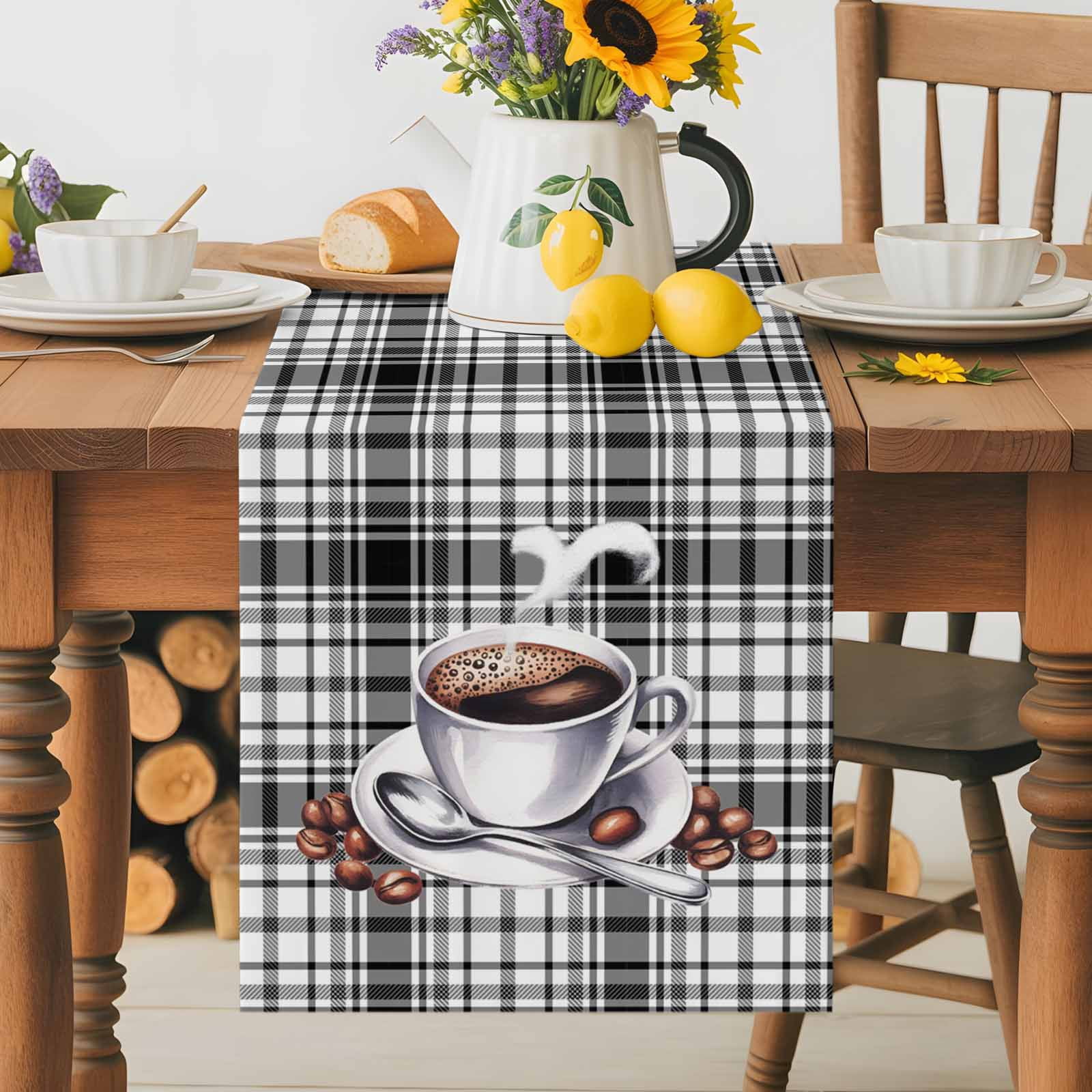 Coffee Beans Cup Black White Buffalo Plaid Table Runner 70 Inches Long ...