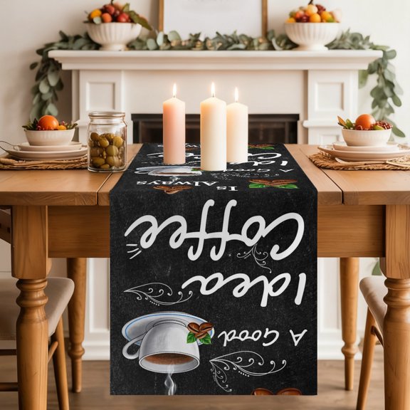 Coffee Beans Dining Table Runner, Coffee Cup Letterings Art Print Washable Table Runners Kitchen Coffee Table Center Decor for Home Party Holiday Wedding 13 x 36 Inches