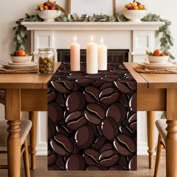 Coffee Beans Dining Table Runner, Country Dark Brown Coffee Bean Pattern Washable Table Runners Kitchen Coffee Table Center Decor for Home Party Holiday Wedding 13 x 36 Inches