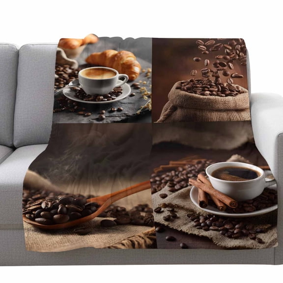 Coffee Beans Fleece Throw Blanket Lightweight Vintage Country Hot Coffee Bread Fuzzy Flannel Throws Super Soft Cozy Flannel Blanket for Couch, Sofa, Bed, Travel 50"x80"