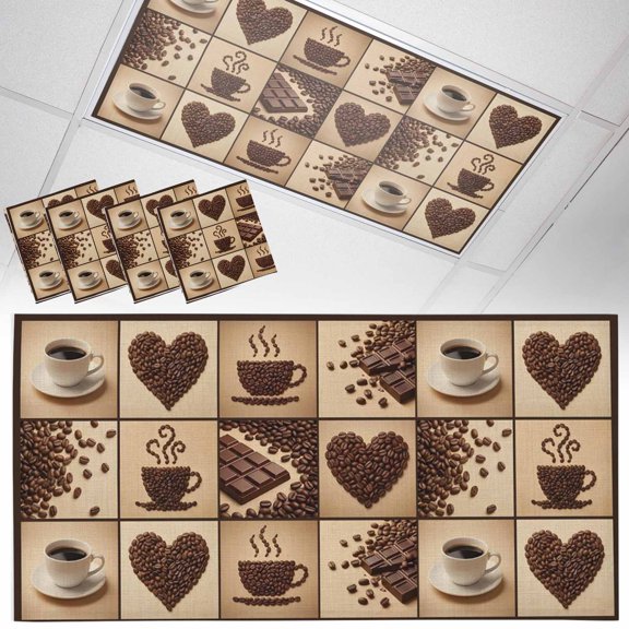 Coffee Beans Fluorescent Light Covers Country Heart Coffee Bean Chocolate Patchwork Magnetic Light Filters Ceiling Lighting Panel Shade for Classroom Office Home 2 x 4 ft, 4 Pack