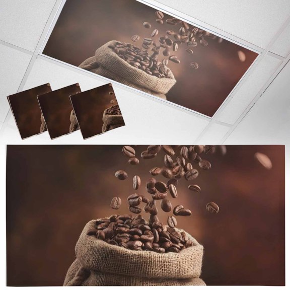 Coffee Beans Fluorescent Light Covers Vintage Country Bagged Coffee Beans Magnetic Light Filters Ceiling Lighting Panel Shade for Classroom Office Home 2 x 4 ft, 3 Pack