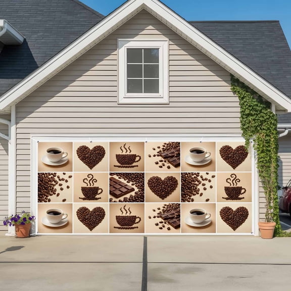 Coffee Beans Garage Door Banner Covers, Country Heart Coffee Bean Chocolate Patchwork Brown Large Hanging Indoor/Outdoor Backdrop Background for Christmas Winter Party Decor, 6.9x8ft