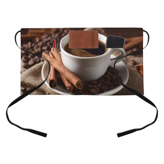 Coffee Beans Half Waist Apron Modern Hot Coffee Cinnamon Rolls Short Waiter Aprons with 3 Pockets for Women Men Kitchen Restaurant Cooking