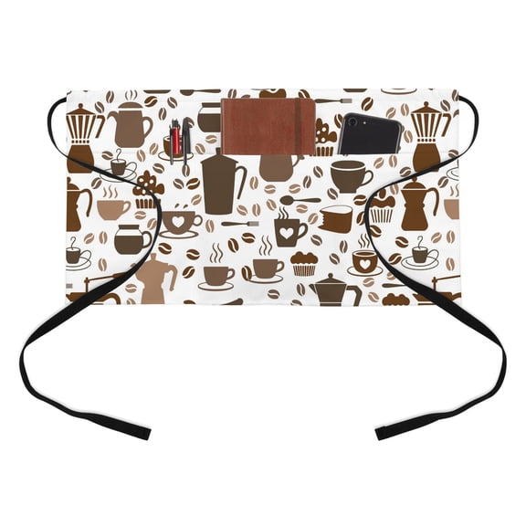 Coffee Beans Kitchen Restaurant Half Waist Apron, Brown Cake Hot Chocolate Abstract Style Server Short Apron with 3 Pockets Waterproof Oil Waist Aprons for Women Waitress Waiter