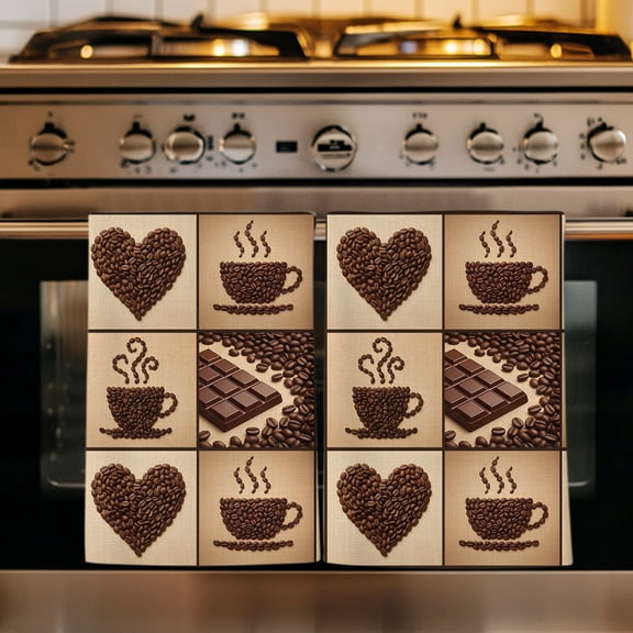 Coffee Beans Kitchen Towels Set of 1, Dark Brown Love Heat Coffee Chocolate Plaid Absorbent Dish Towels for Kitchen, Microfiber Hand Towel, Quick Drying Tea Towel for Cleaning Decorative Dishcloths