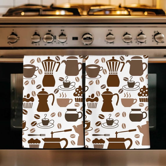 Coffee Beans Kitchen Towels Set of 2, Funny Cartoon Brown Cake Hot Chocolate Cup Absorbent Dish Towels for Kitchen, Microfiber Hand Towel, Quick Drying Tea Towel for Cleaning Decorative Dishcloths