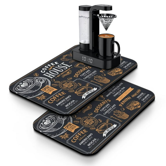 Coffee Beans Latte Chocolate Dish Drying Mat Heat Resistant Bar Mat Collapsible Coffee Bar Mat for Shop Countertops (19.5x12in,Set Of 2)