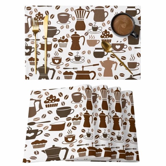 Coffee Beans Placemats Set of 4, Funny Cartoon Brown Cake Hot Chocolate Cup Placemats for Dining Table, Place Mats for Kitchen Tabletop, Waterproof Wipeable Dining Table Mats Set