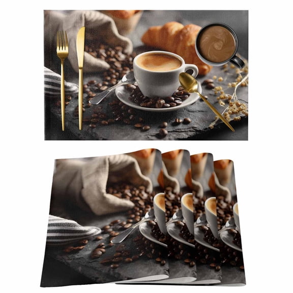 Coffee Beans Placemats Set of 6, Hot Latte Cup Bread Rustic Cafe Time Placemats for Dining Table, Place Mats for Kitchen Tabletop, Waterproof Wipeable Dining Table Mats Set