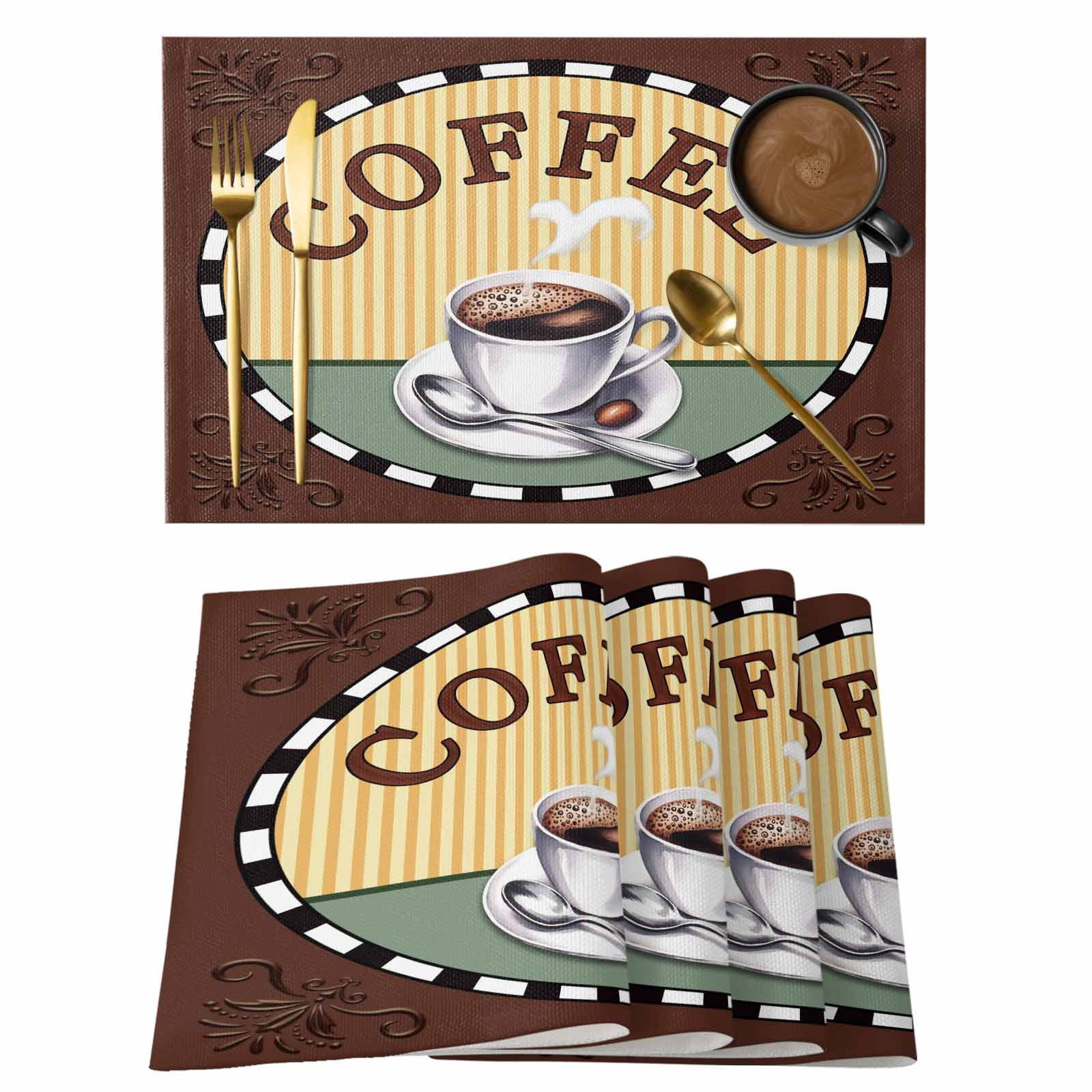 Coffee Beans Placemats Set of 8, Coffee Cup Letterings Black Non-Slip ...