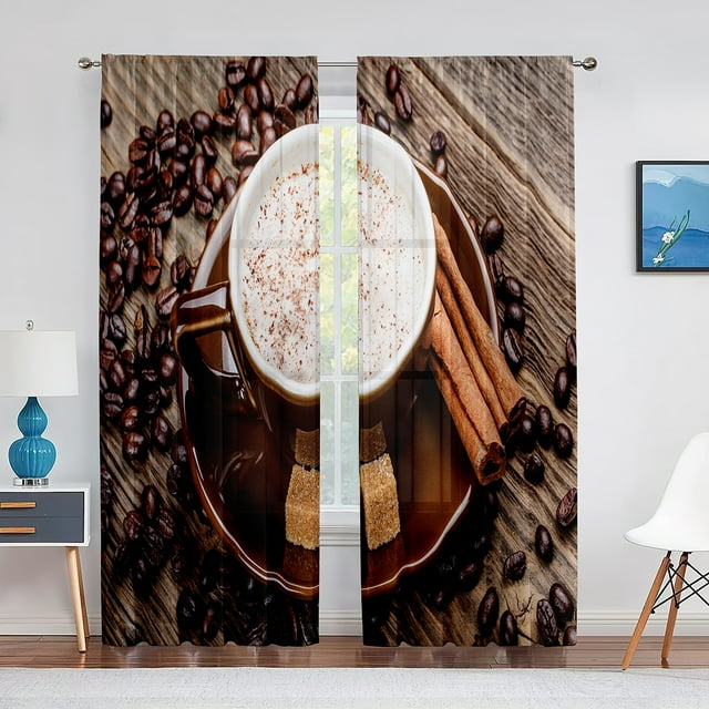 Coffee Beans Porcelain Cup Sheer Curtains for Living Room Bedroom