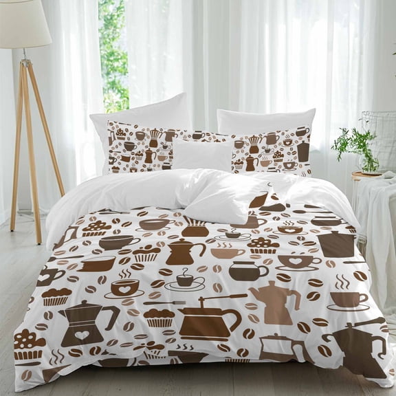 Coffee Beans Queen Size Comforter Set, Brown Cake Hot Chocolate Abstract Style Bedding for All Seasons, 4 Pcs Bed Set, 1Quiltcover (90"x92") ,1Sheet(94"x116"), 2Pillowcases (30"x20")