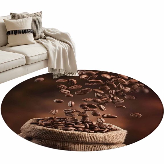 Coffee Beans Round Area Rugs Collection 3', Dark Brown Falling Cafe Bean Sacks Modern Non Slip Indoor Circular Throw Runner Rug Floor Mat Carpet for Living Room Dining Table Bedroom Nursery