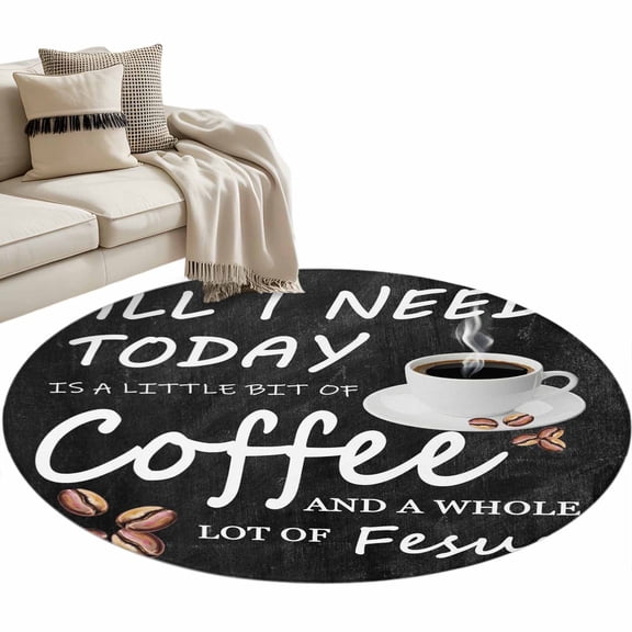 Coffee Beans Round Area Rug 4ft Coffee Cup Letterings Black Non-Slip Washable Circle Rugs Soft Felt Indoor Floor Mat for Bedroom Kitchen Living Room Bathroom