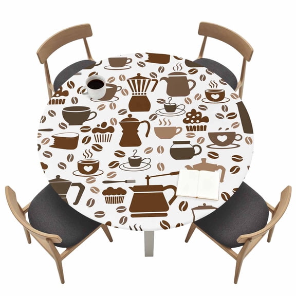 Coffee Beans Round Fitted Tablecloth with Elastic Edge Brown Cake Hot Chocolate Abstract Style Table Cover Fit for 36"-44" Tables Waterproof Tablecloths for Dinner Camping Picnic