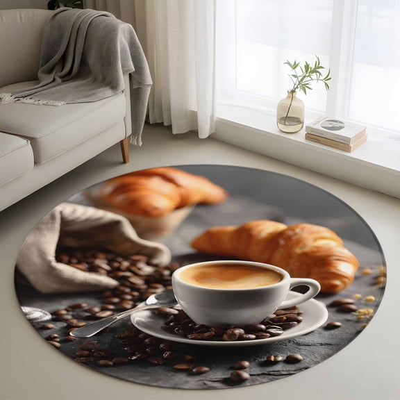 Coffee Beans Round Rug 4ft Washable Circle Entryway Rugs Non Slip Hot Latte Cup Bread Rustic Cafe Time Area Rug Indoor Floor Carpet for Bedroom Kitchen Living Room Home Office Dining Room Nursery