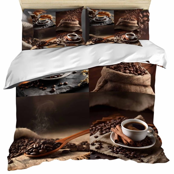Coffee Beans Set of 4 Bedding Quilt Covers, Brown Hot Cafe Latte Cup Drink Country 4-Piece Bed Sheet Set with Extra Soft Bed Sheets Quilt Cover Pillowcase, Twin